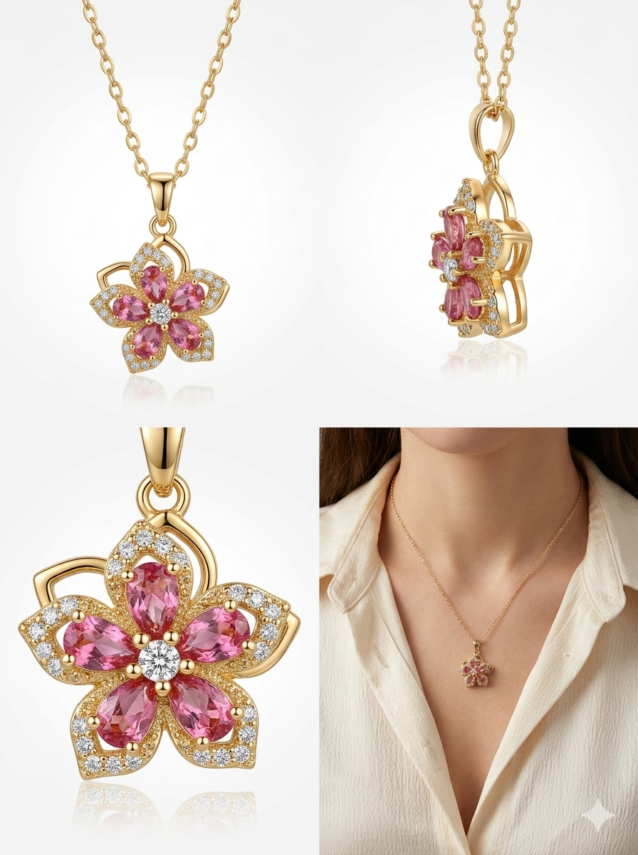 Pink Sapphire Floral Bloom Pendant Necklace
