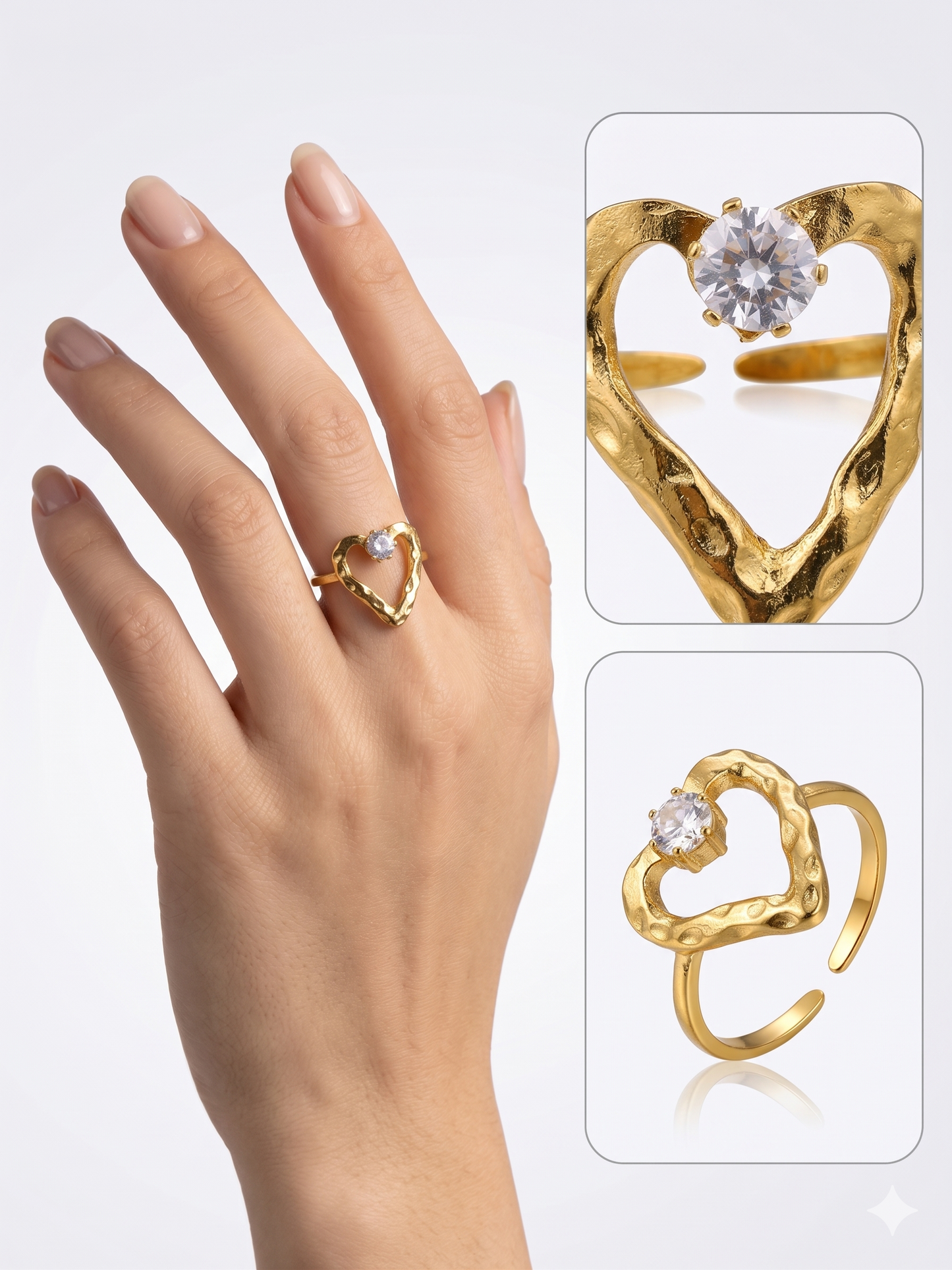 Anti-Tarnish Hammered Open Heart Adjustable Ring