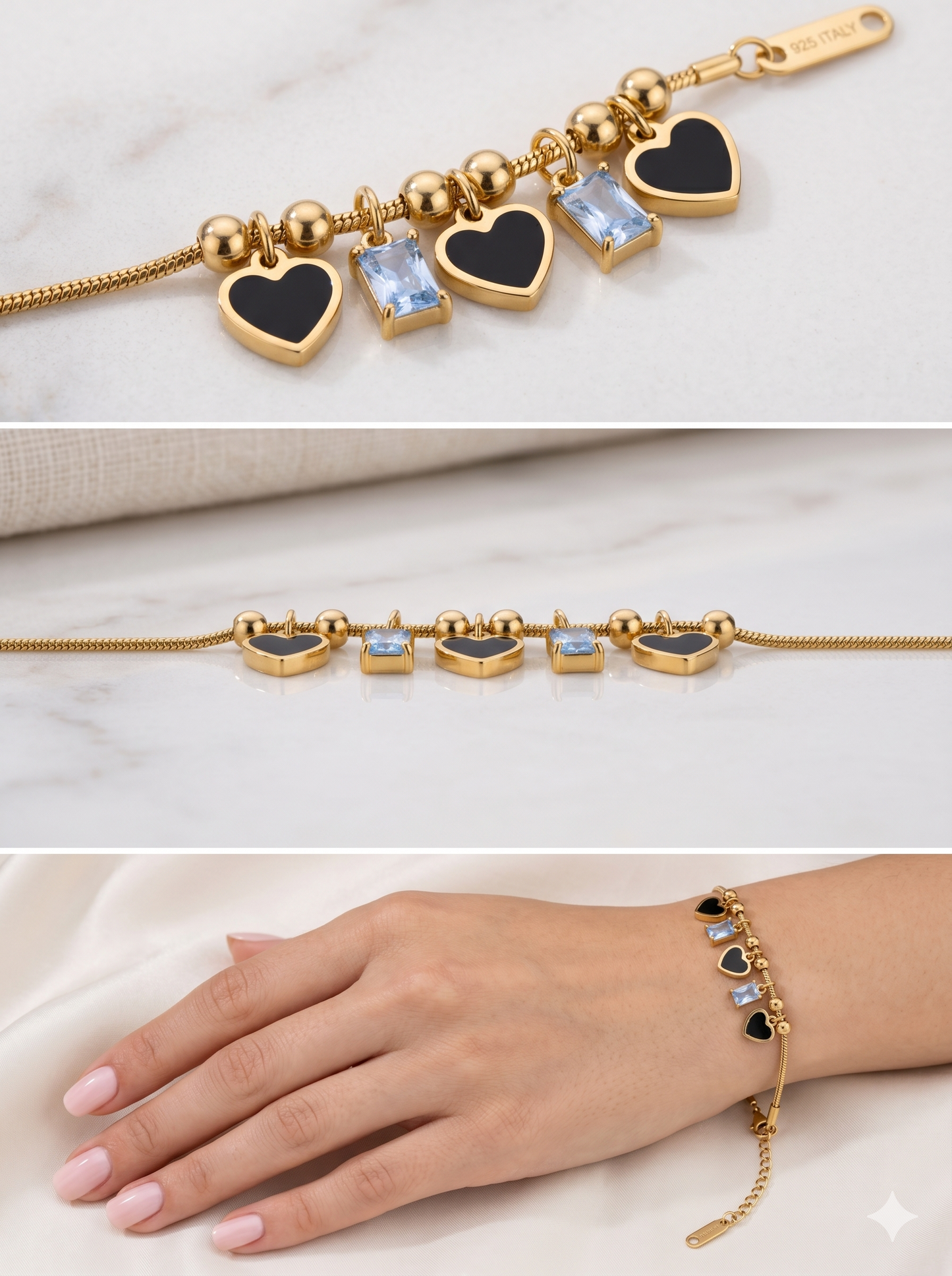 Black Onyx Heart & Emerald-Cut Crystal Charm Snake Bracelet