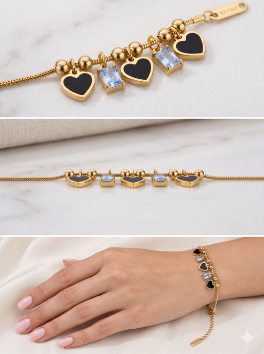 Black Onyx Heart & Emerald-Cut Crystal Charm Snake Bracelet
