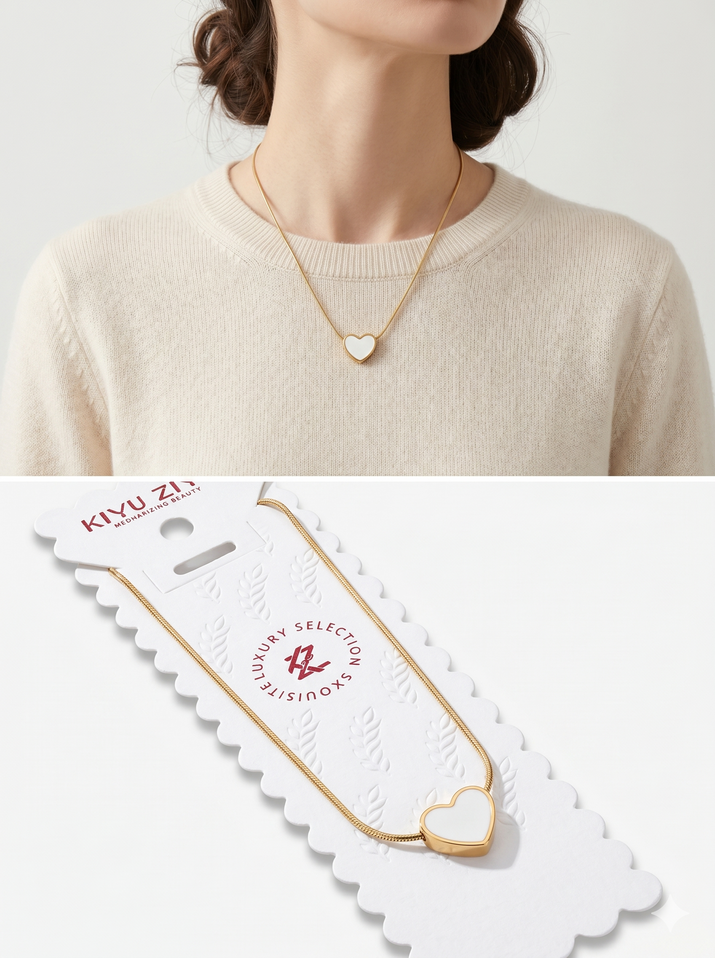 Anti-Tarnish Mother of Pearl Heart Snake Chain Necklace