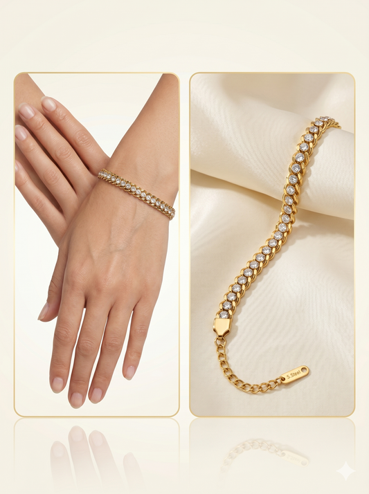 Curb Chain Crystal Tennis Bracelet in 18K Gold Finish