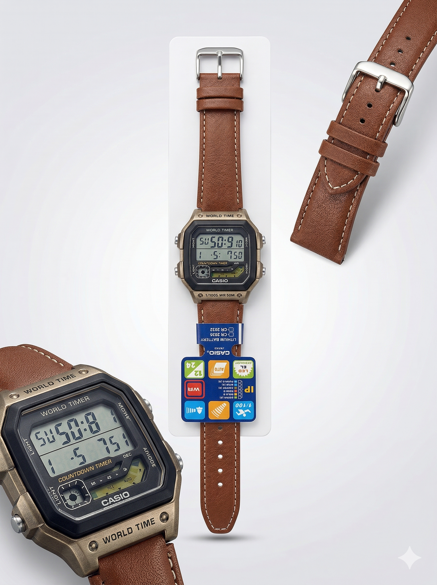 Retro Commander – Digital World Timer with Stitch-Detail Leather