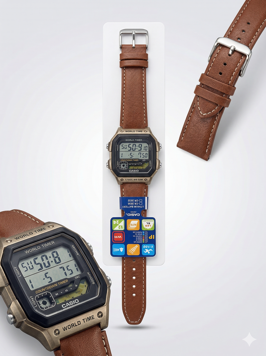 Retro Commander – Digital World Timer with Stitch-Detail Leather