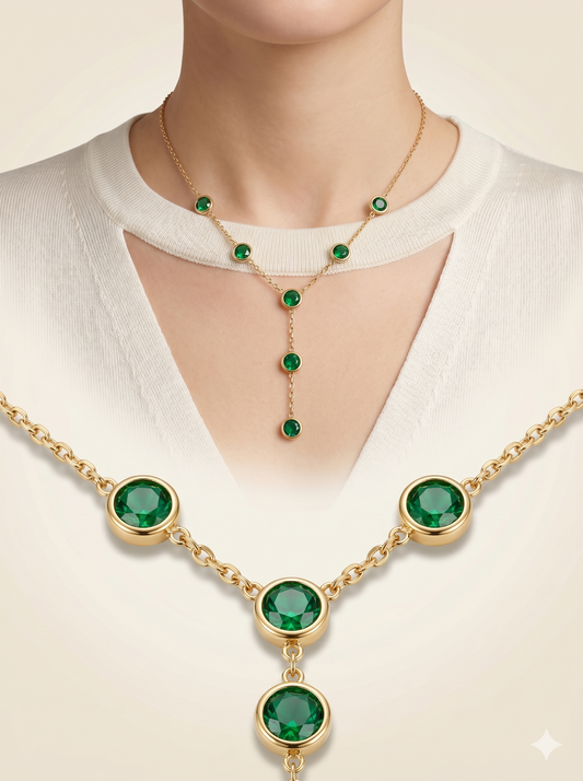 Anti-Tarnish Emerald Green Bezel Y-Drop Necklace