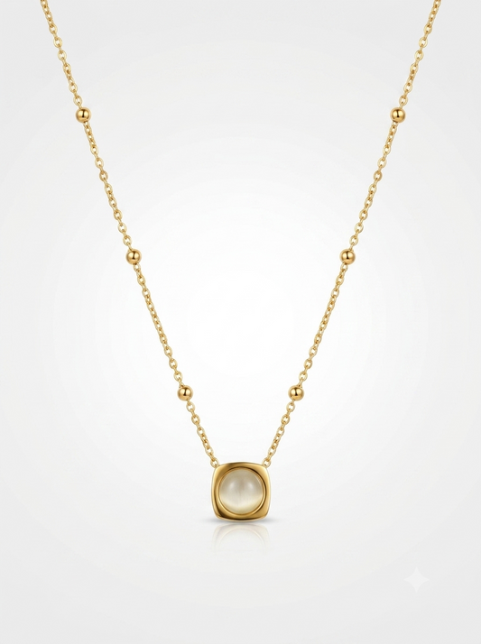 Dainty Gold Bezel Rainbow Moonstone Cushion Necklace