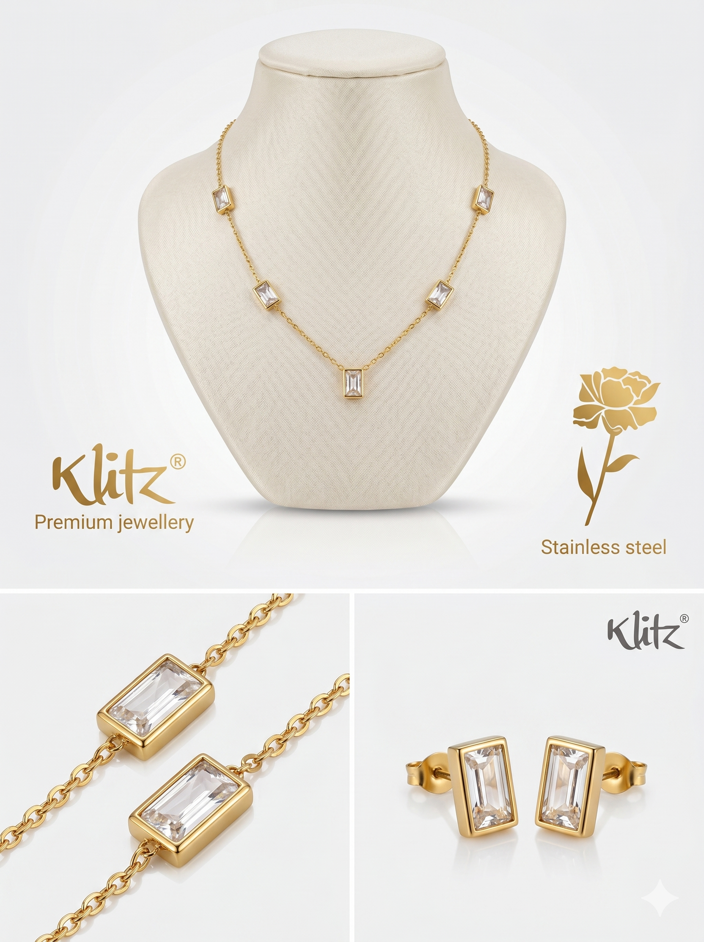 Anti-Tarnish Emerald-Cut Crystal Station Jewelry Set