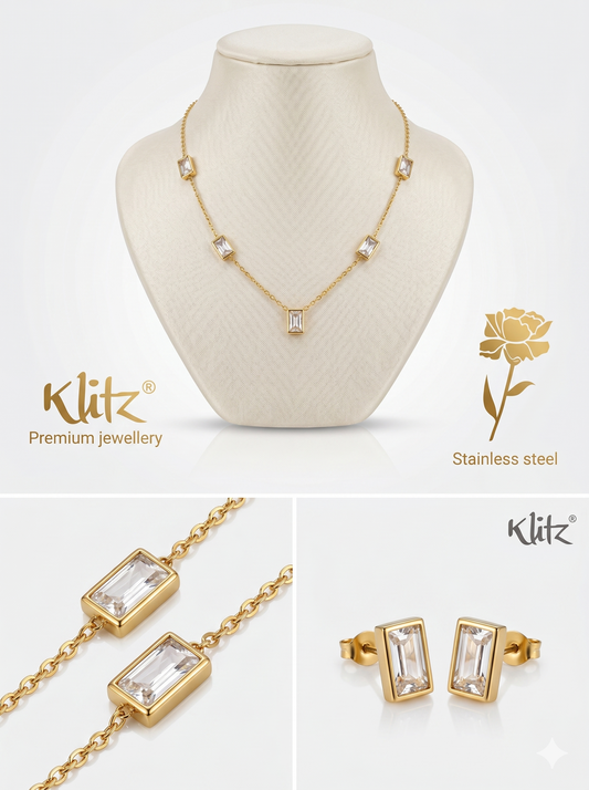 Anti-Tarnish Emerald-Cut Crystal Station Jewelry Set