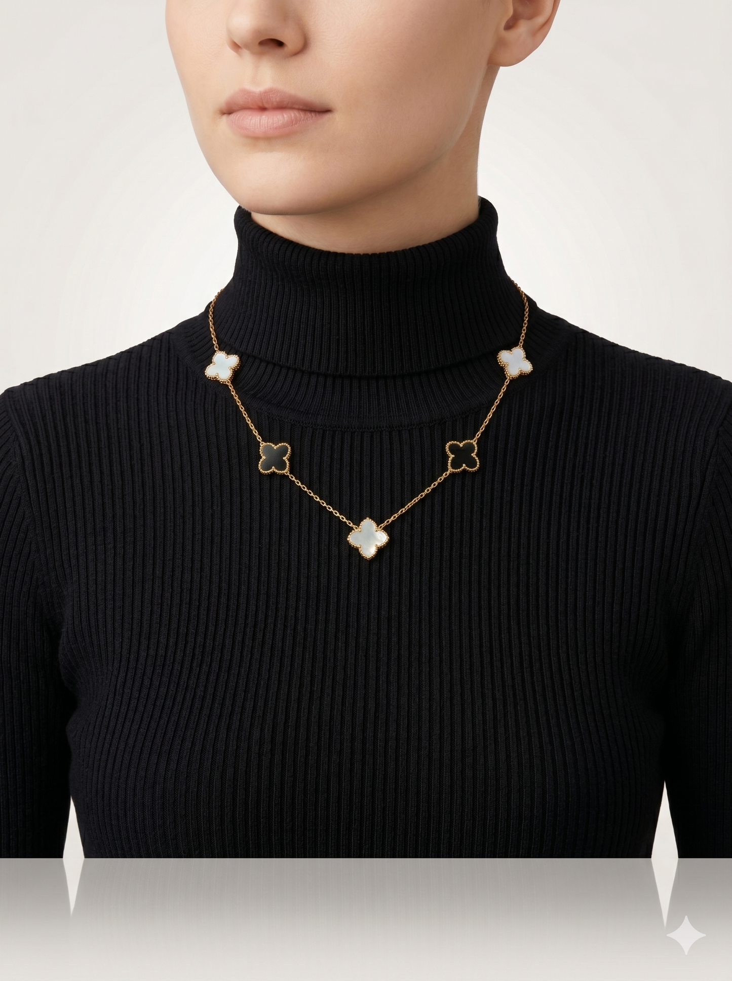 Anti-Tarnish Mother of Pearl & Onyx Clover Station Necklace