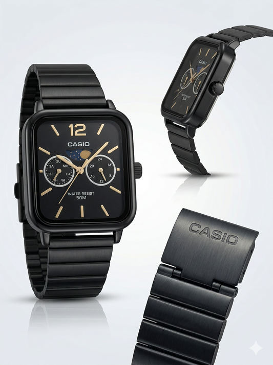 Vintage Square Moon Phase Chronograph - Black