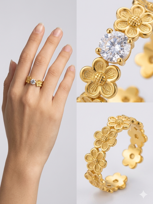 Anti-Tarnish Floral Garland Solitaire Adjustable Ring