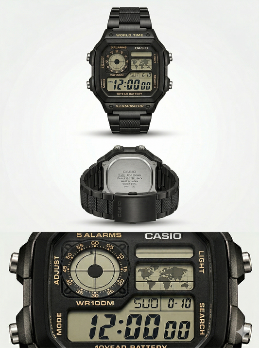 Retro World Timer Digital Watch – Stealth Black Link Edition