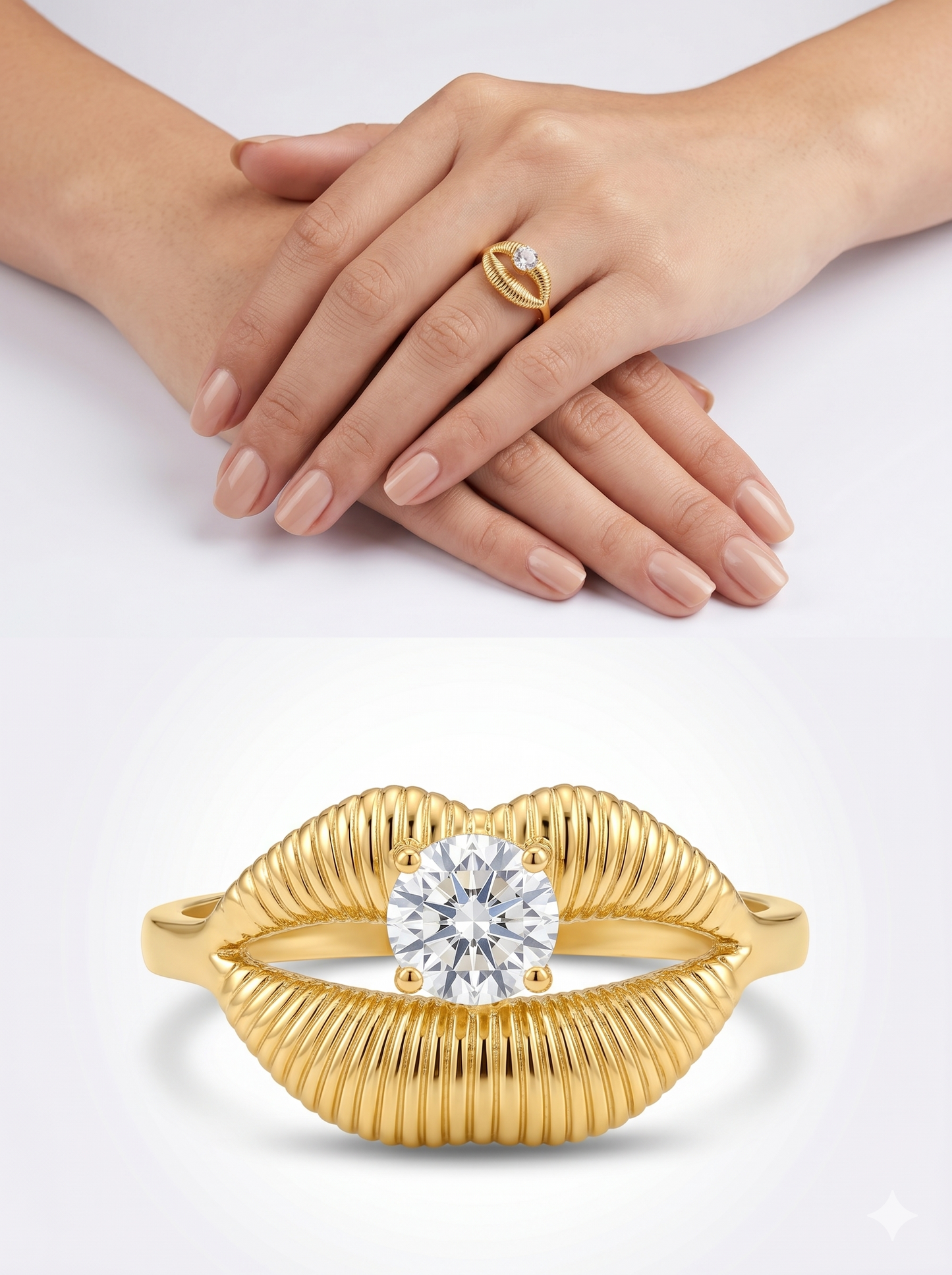 Anti-Tarnish Textured Lips Solitaire Adjustable Ring