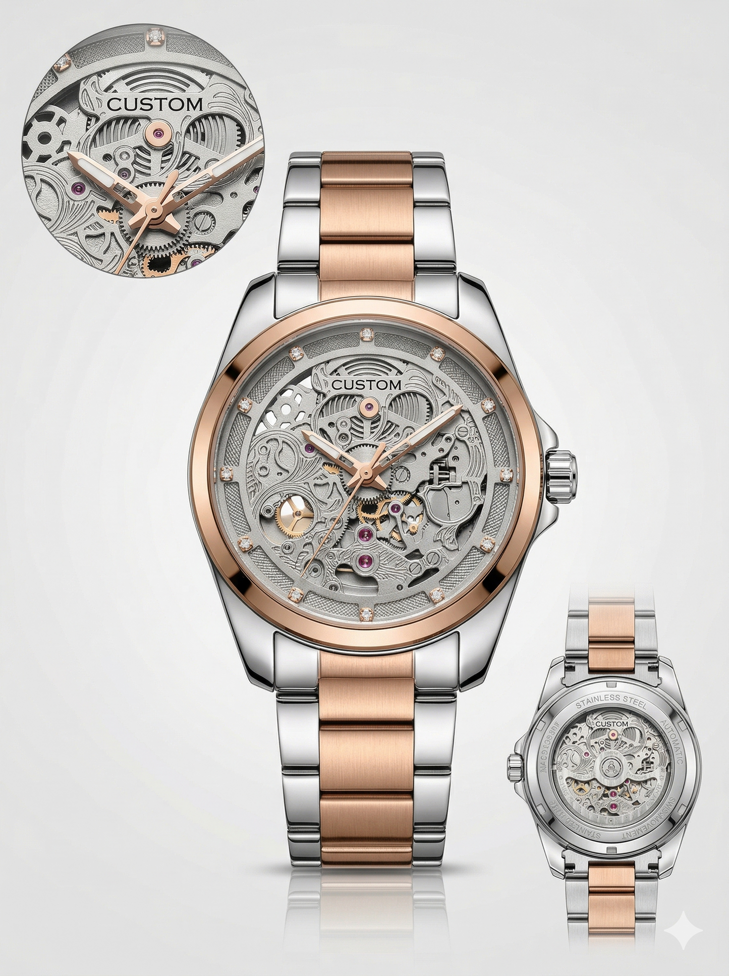 Custom Two-Tone Luxe Skeleton – Rose Gold & Silver Mechanical Style Watch