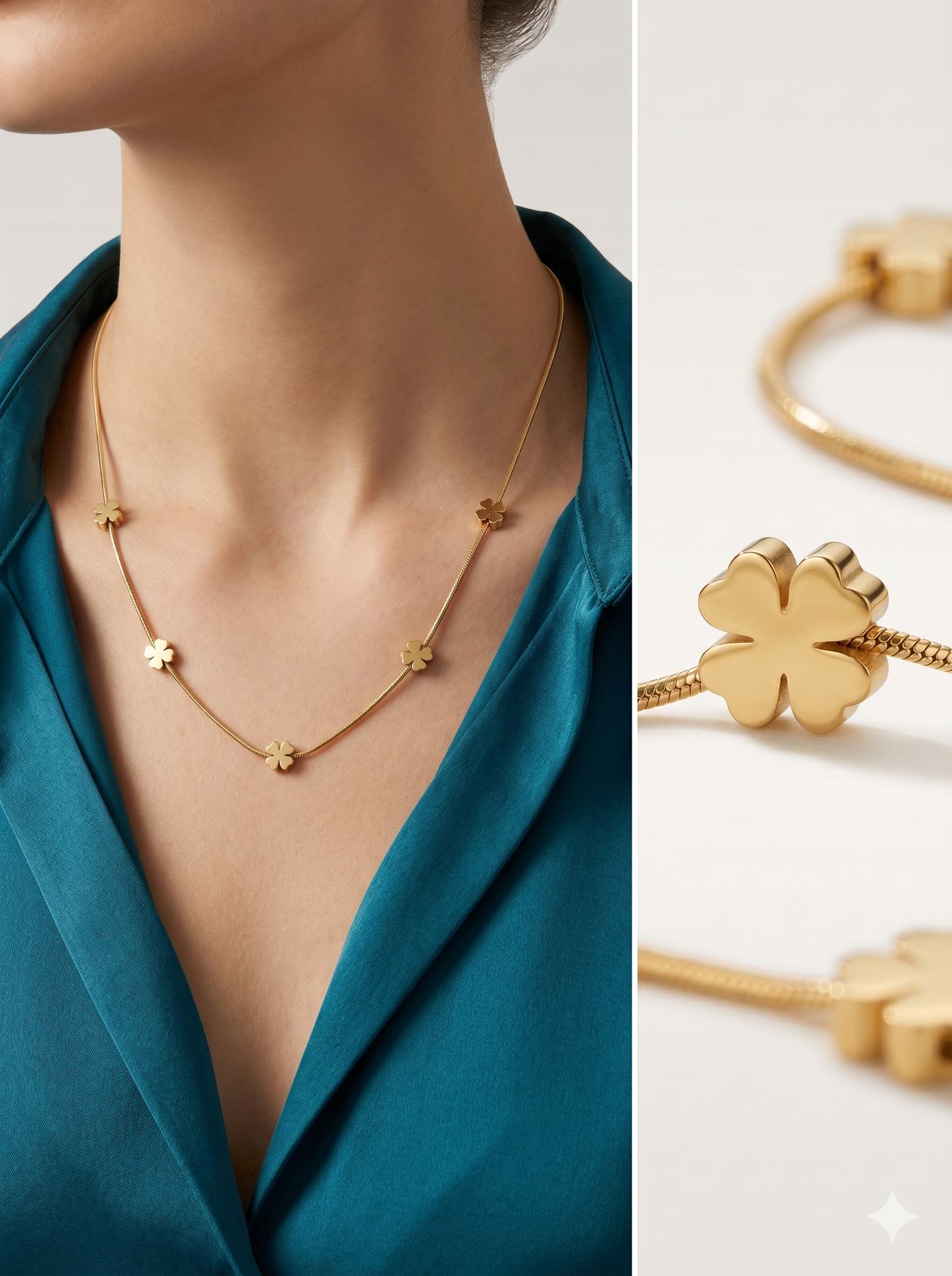 Anti-Tarnish Clover Station Snake Chain Necklace