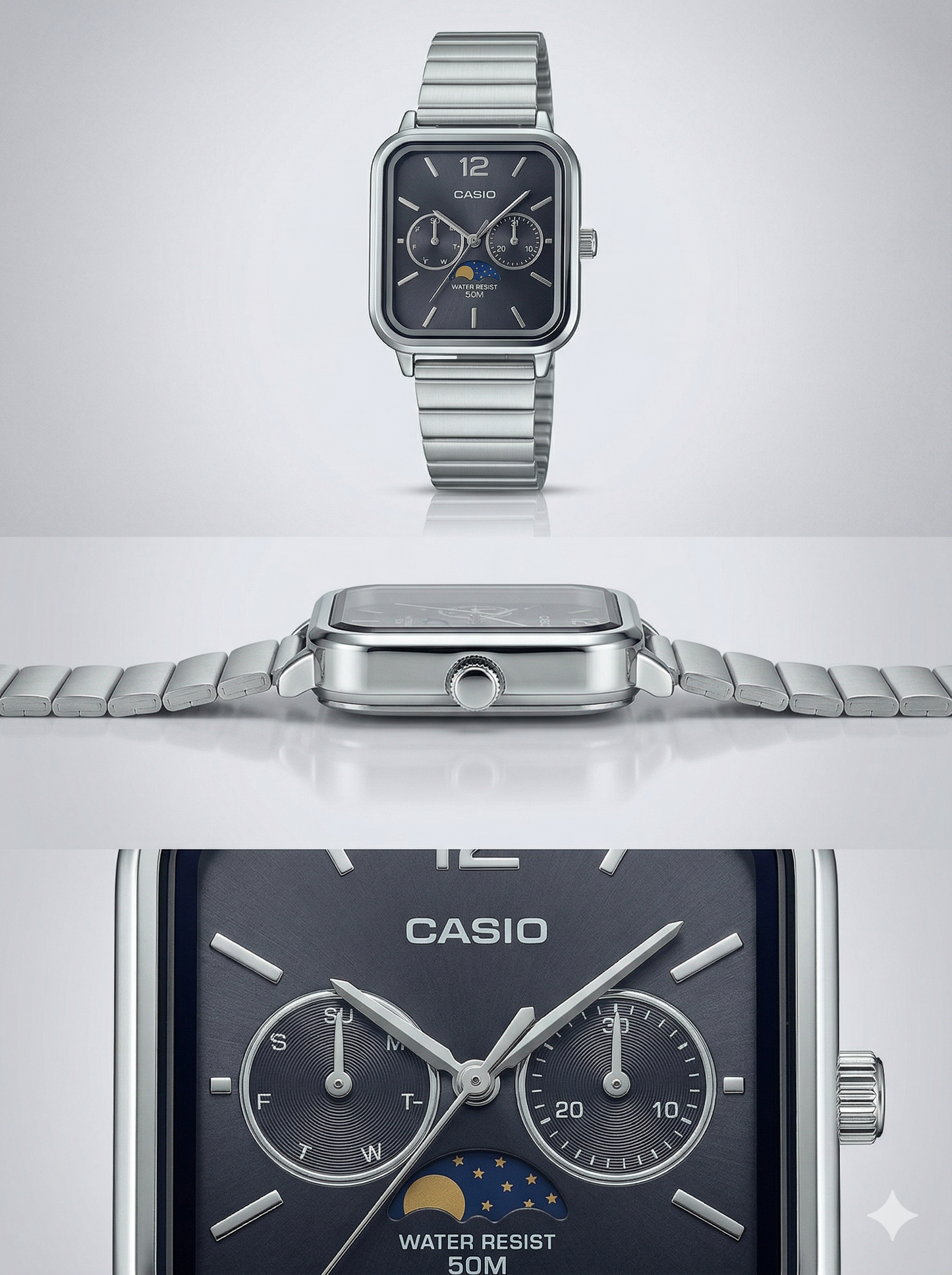 Vintage Square Moon Phase Chronograph - Silver