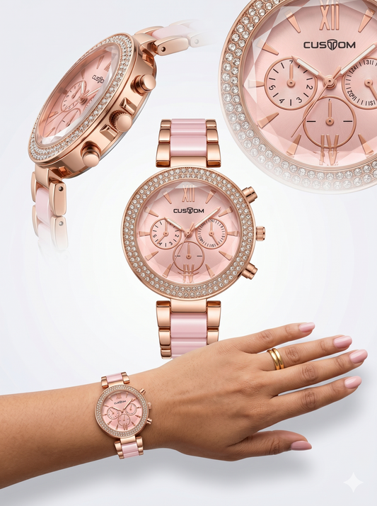 Custom Rose Gold Crystal Chrono-Style Women's Watch