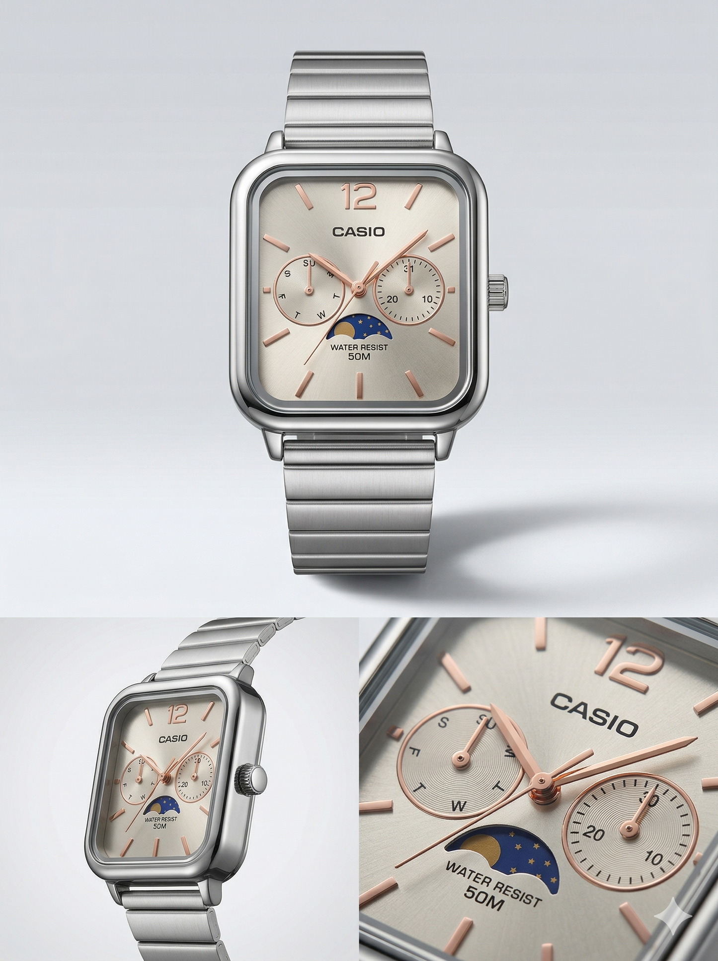 Vintage Square Moon Phase Chronograph - Silver