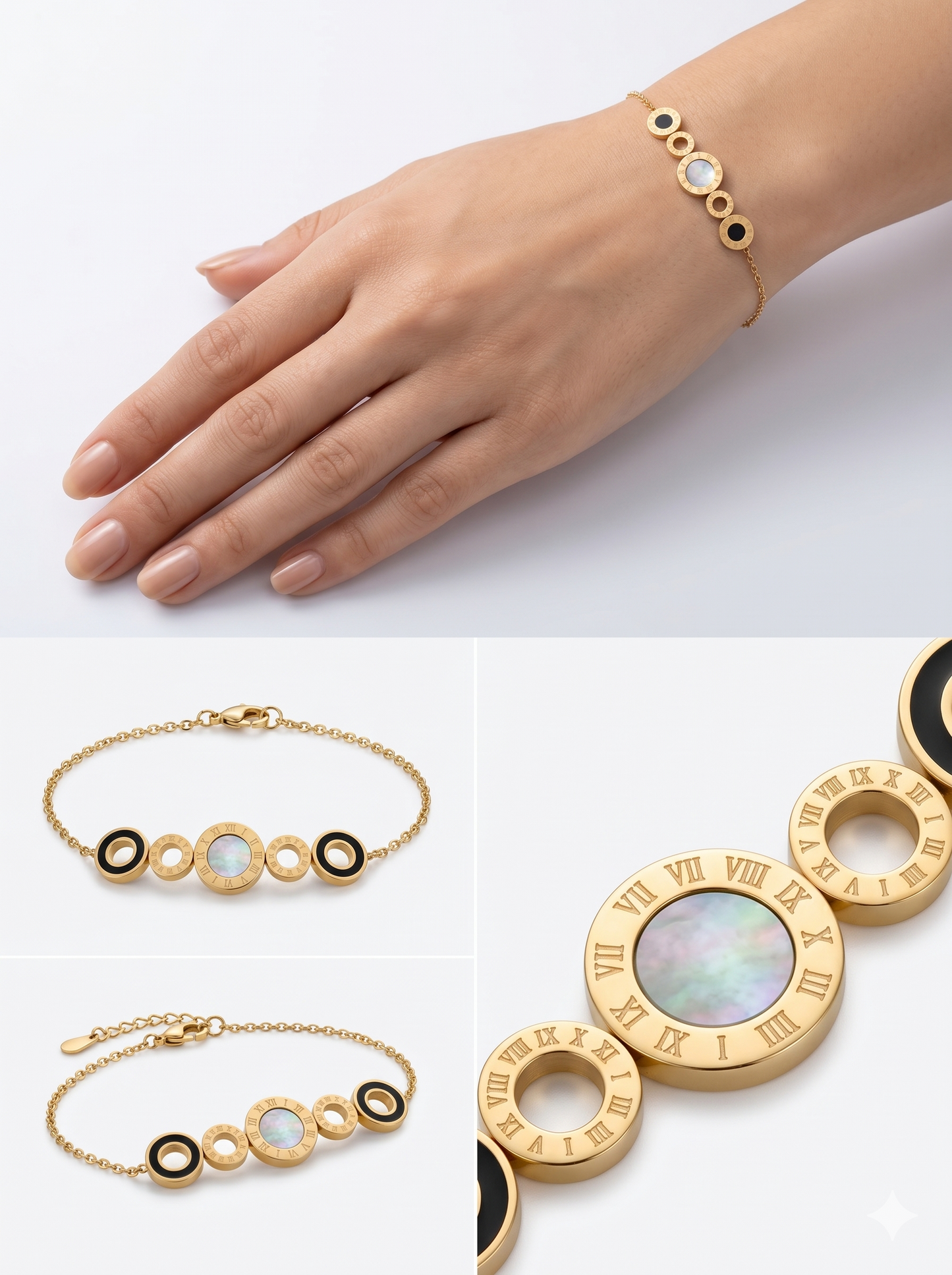 Roman Numeral Medallion Bracelet with Mother of Pearl & Onyx Inlays