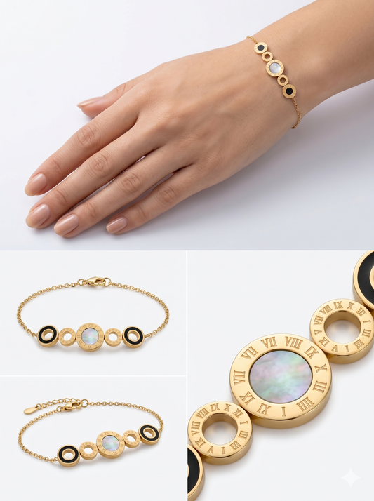 Roman Numeral Medallion Bracelet with Mother of Pearl & Onyx Inlays