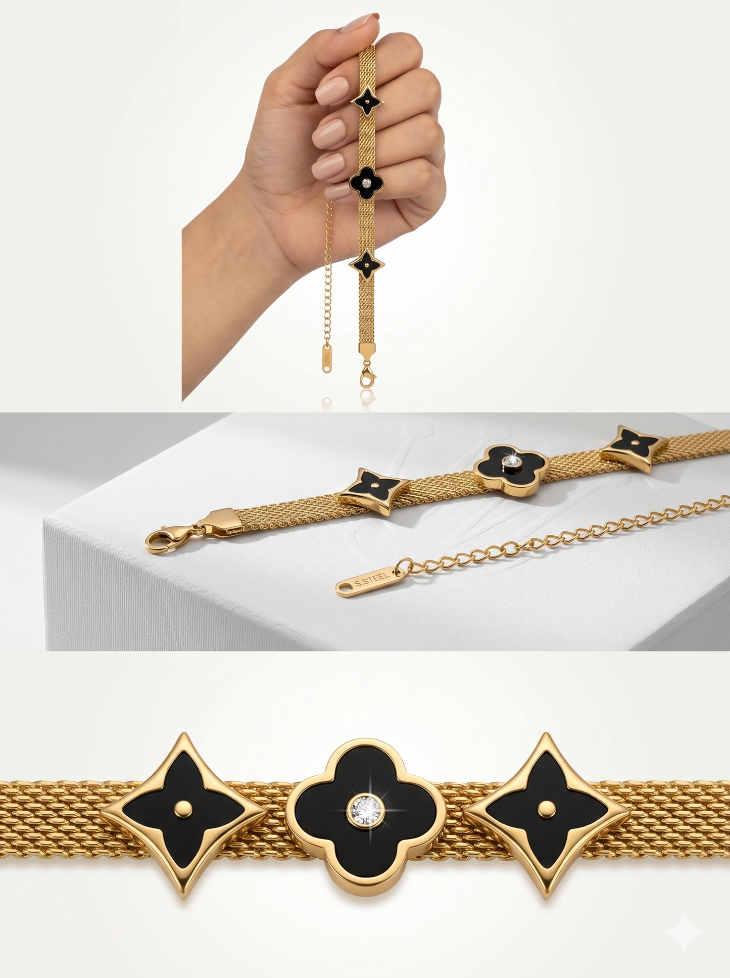 Onyx Clover & Star Mesh Statement Bracelet with Crystal Accent