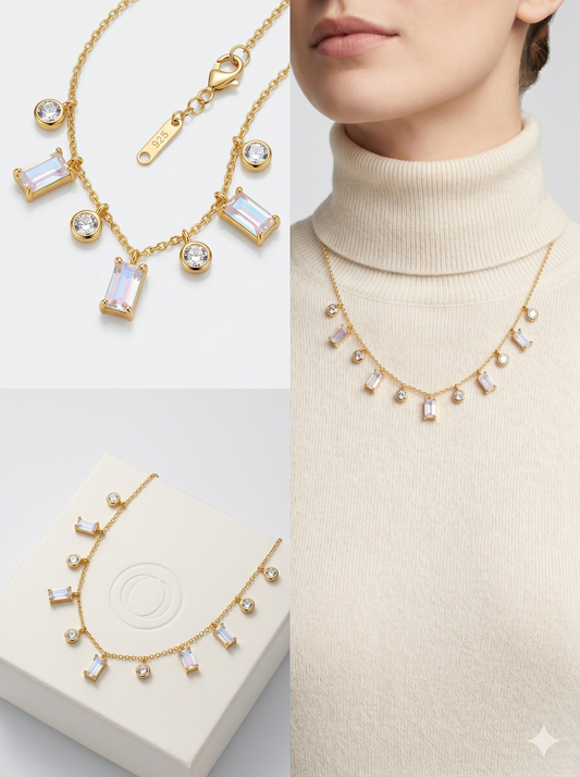 Baguette & Round Crystal Fringe Station Necklace in 18K Gold Finish