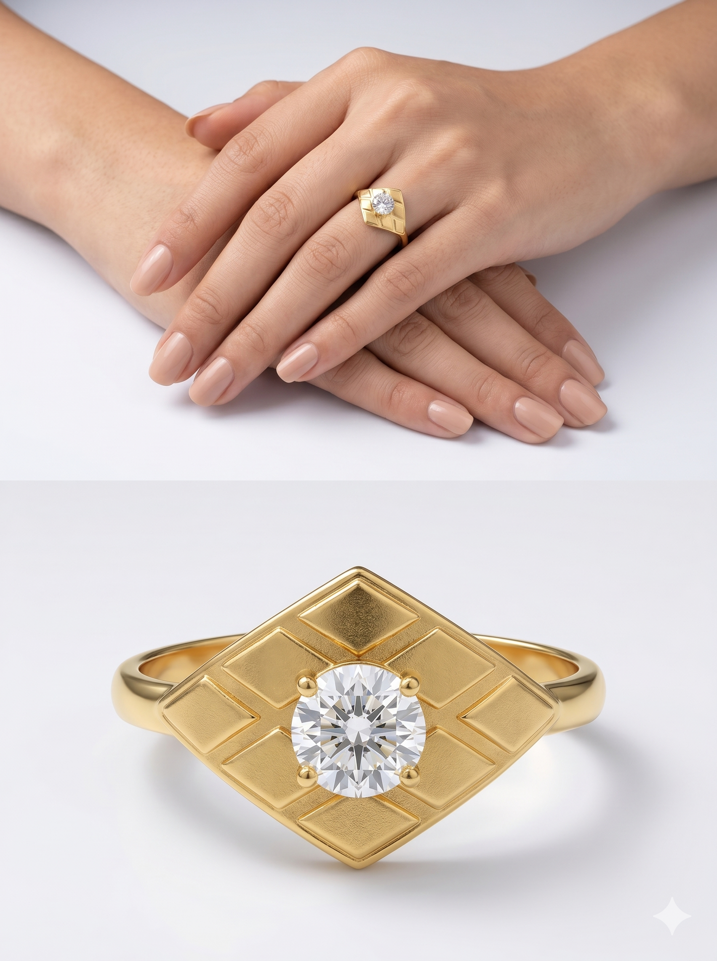 Anti-Tarnish Geometric Diamond-Shield Adjustable Ring