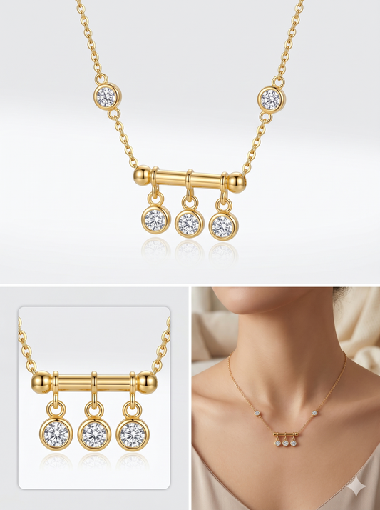 Triple Crystal Dangle Bar Station Necklace in 18K Gold Finish