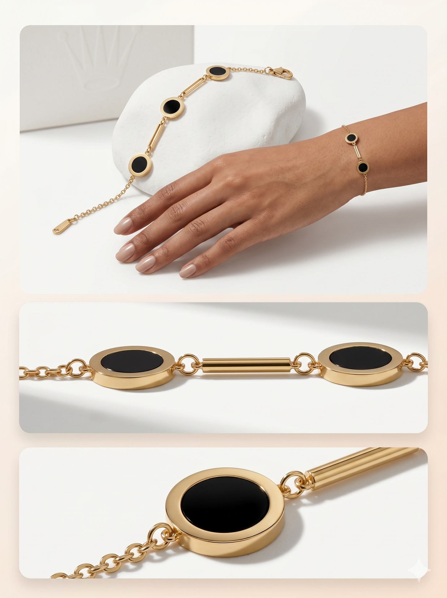Black Onyx Circular Medallion & Bar Link Station Bracelet