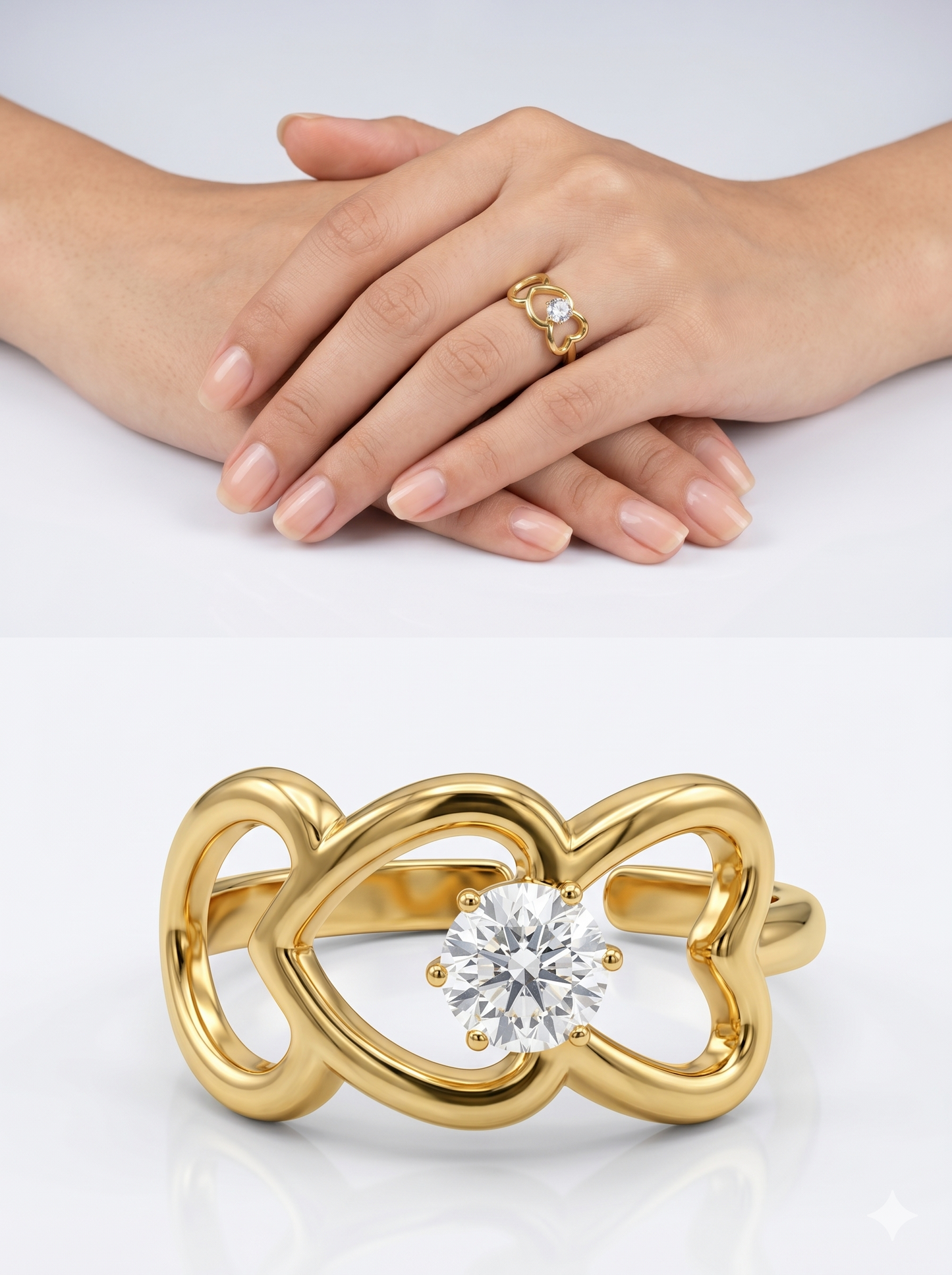Anti-Tarnish Interlocking Hearts Solitaire Adjustable Ring