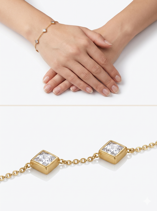 Princess-Cut Crystal Square Station Bracelet in 18K Gold Finish