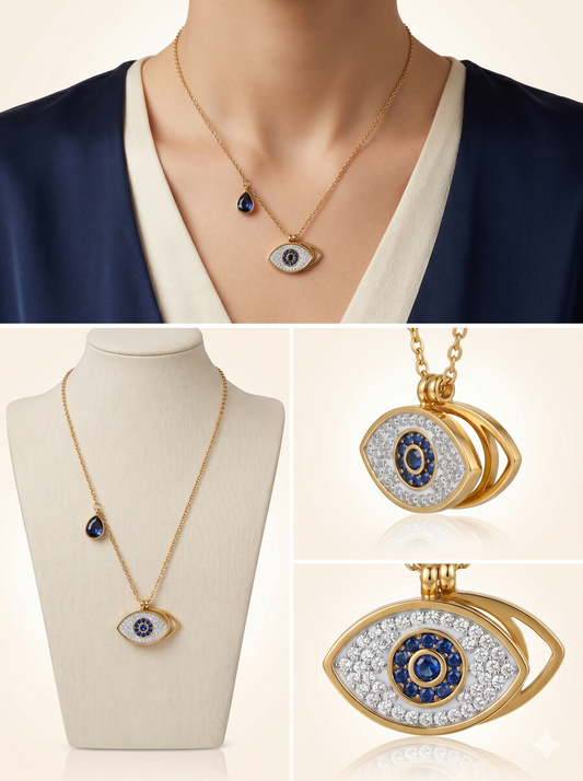 Sapphire & Crystal Evil Eye Medallion Necklace with Teardrop Accent