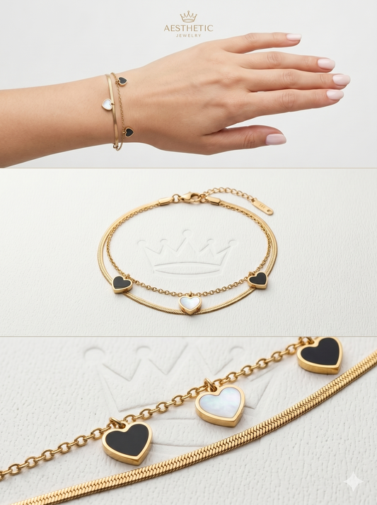 Double-Layered Heart Charm Bracelet with Herringbone & Link Chains