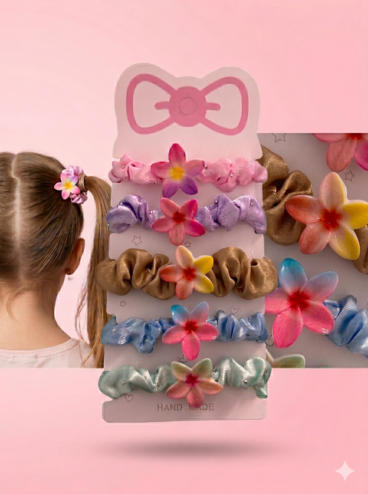5-Piece Tropical Plumeria Satin Scrunchie Set