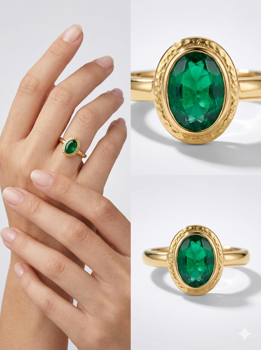 Anti-Tarnish Emerald Green Oval Solitaire Ring
