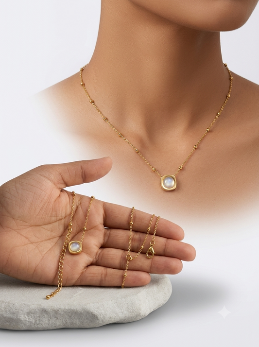 Dainty Gold Bezel Rainbow Moonstone Cushion Necklace