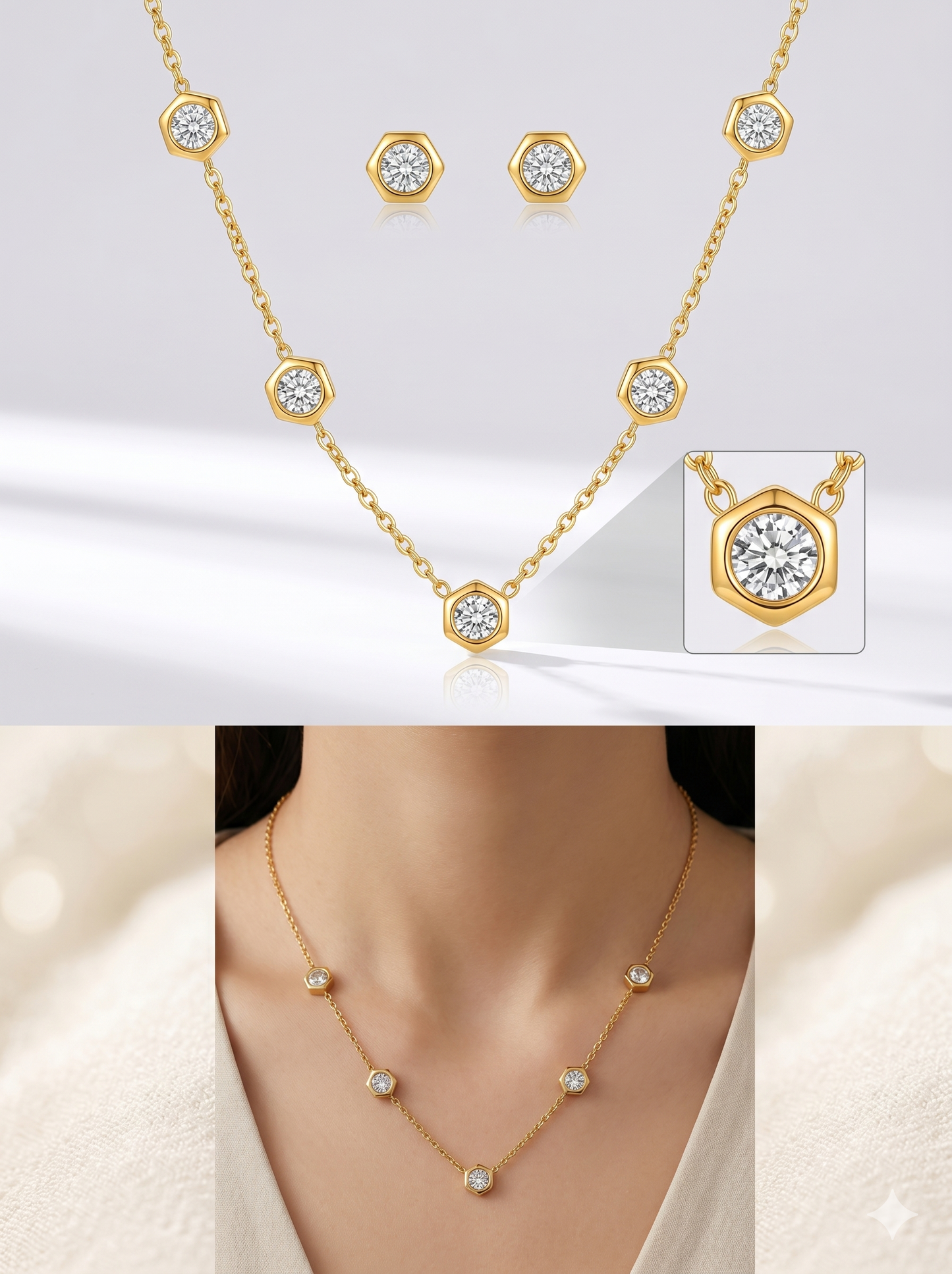 Hexagonal Crystal Bezel Station Necklace & Earring Set