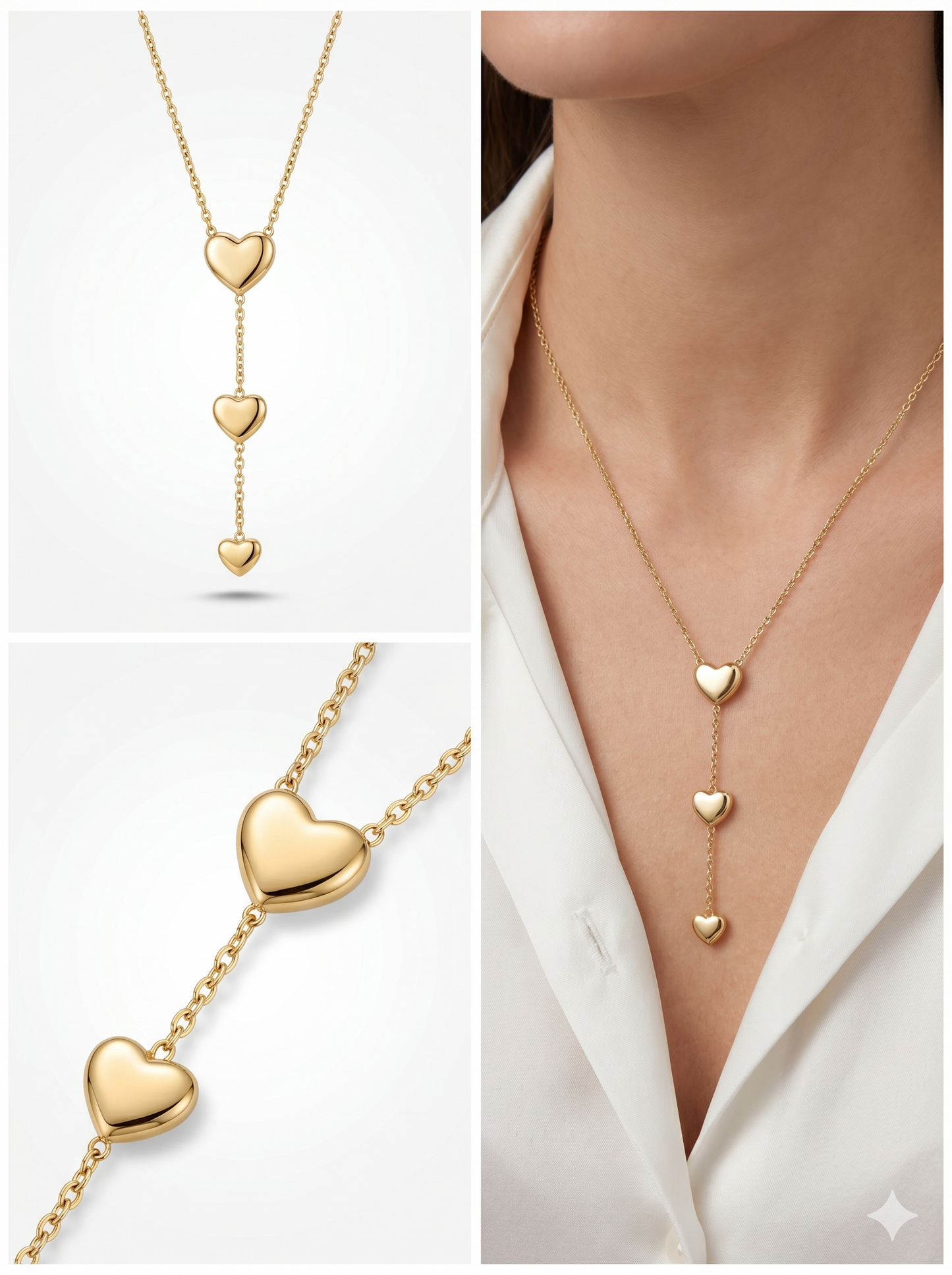 Triple Heart Drop Y-Necklace in 18K Gold Finish