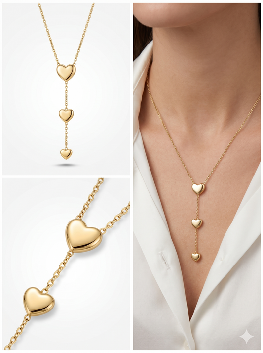 Triple Heart Drop Y-Necklace in 18K Gold Finish