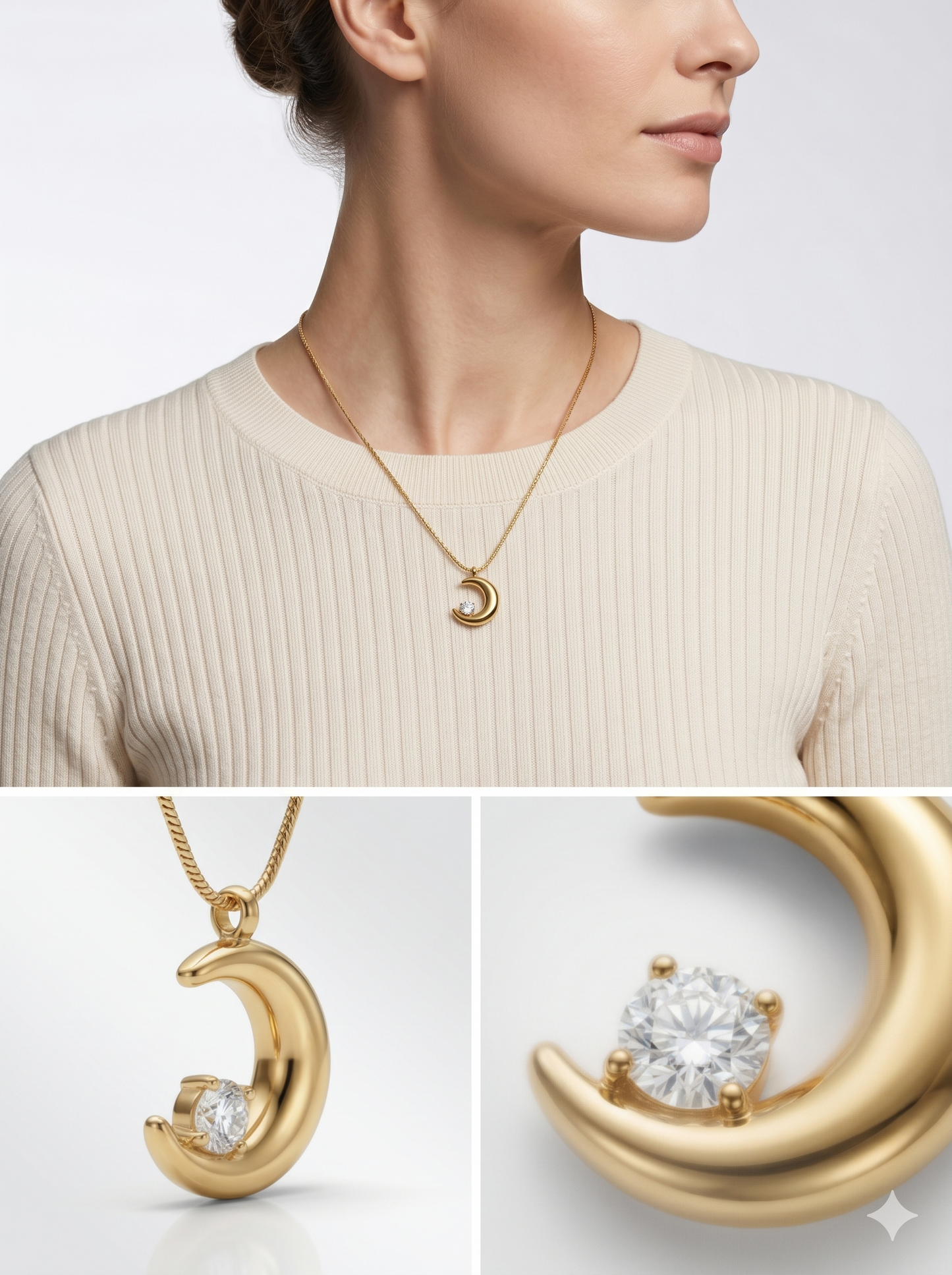 Crescent Moon Solitaire Pendant Necklace in 18K Gold Finish