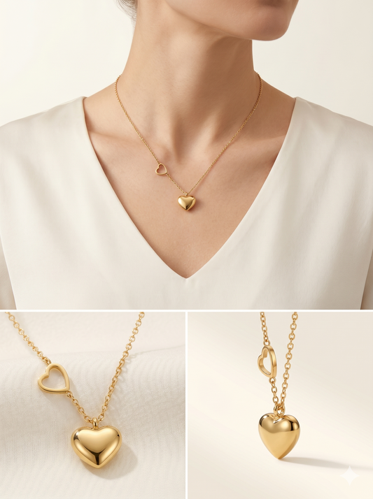 Double Heart Asymmetric Pendant Necklace in 18K Gold Finish