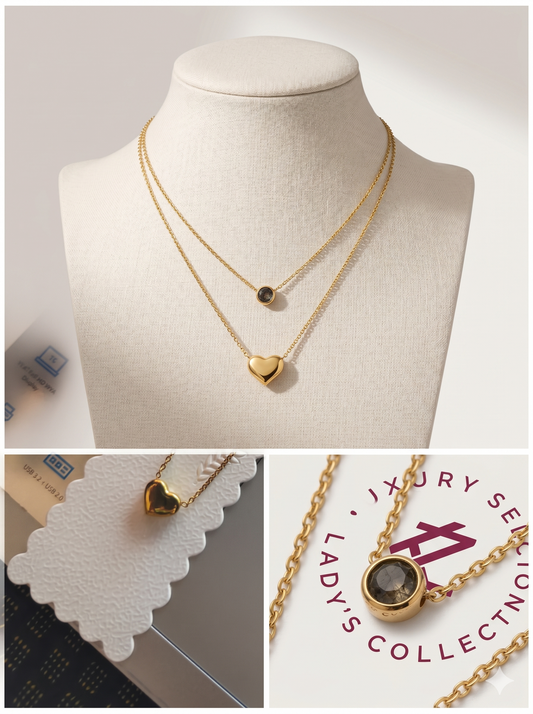 Anti-Tarnish Layered Puffy Heart & Solitaire Necklace