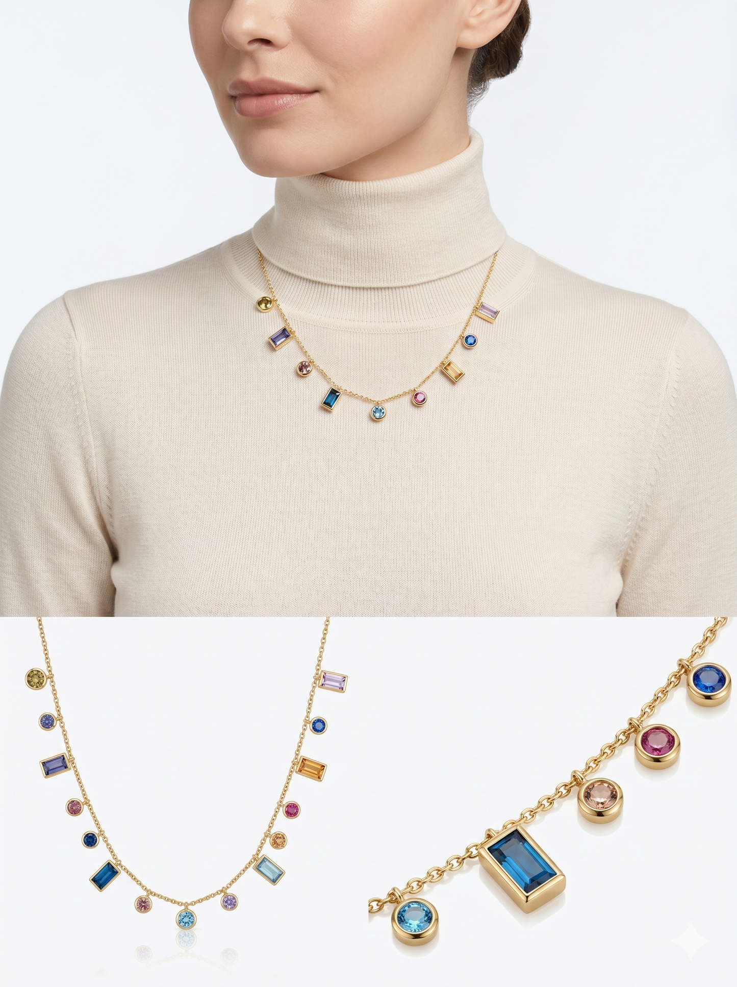 Multicolor Mixed-Cut Crystal Fringe Station Necklace in 18K Gold Finish