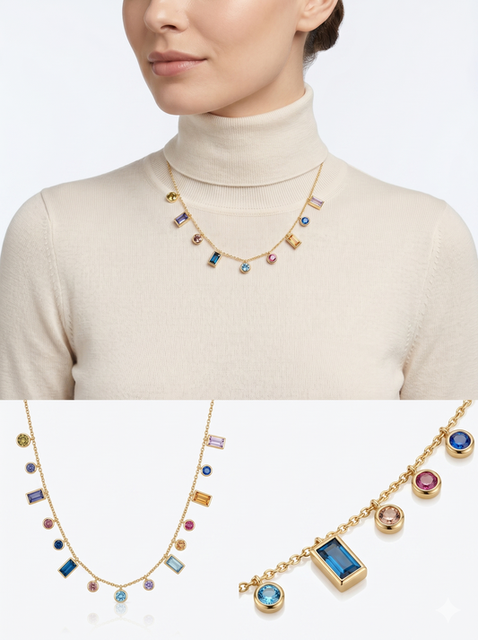 Multicolor Mixed-Cut Crystal Fringe Station Necklace in 18K Gold Finish