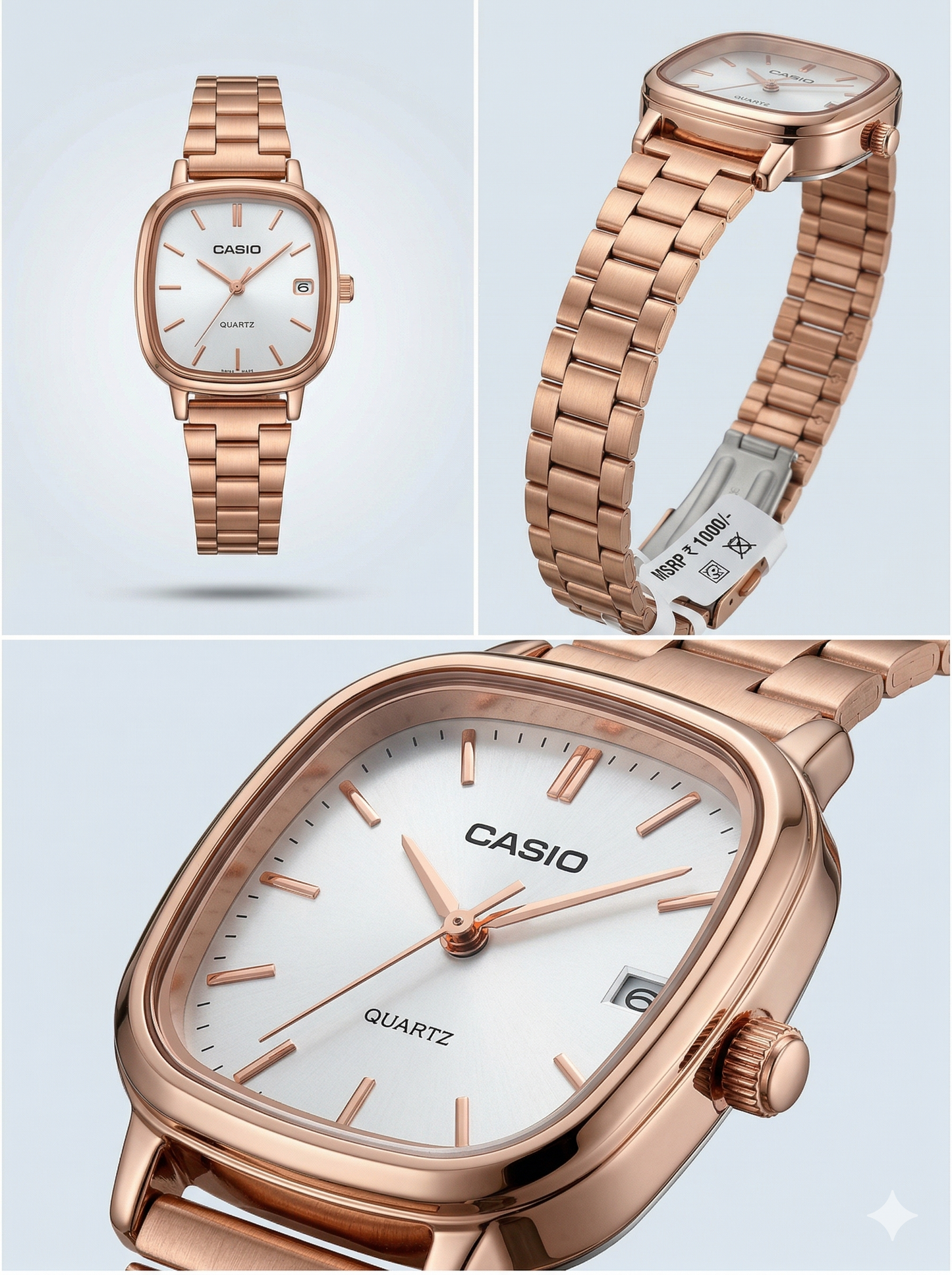 Graceful Gilded Cushion – Rose Gold & Silver Sunray Watch