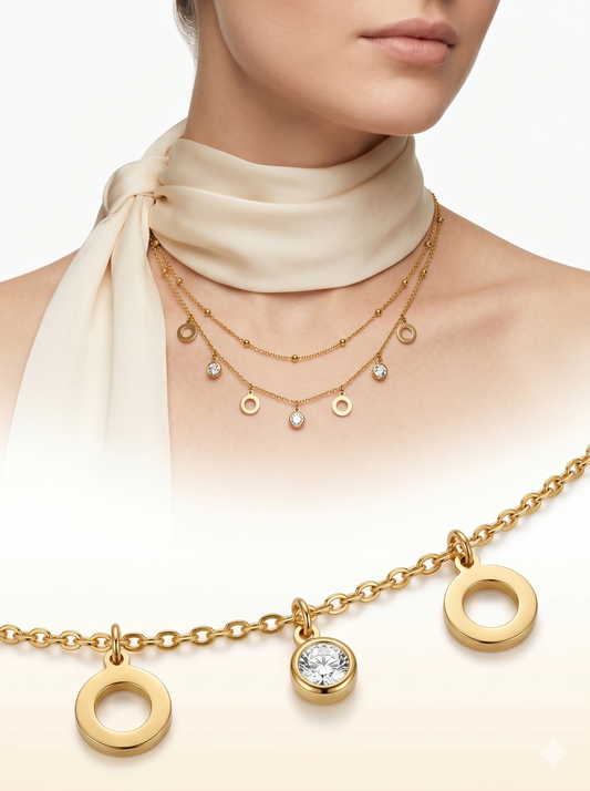 Anti-Tarnish Layered Geometric Circle & Crystal Charm Necklace