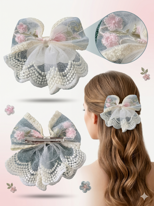 Vintage Lace & Floral Embroidery Oversized Hair Bow Clip