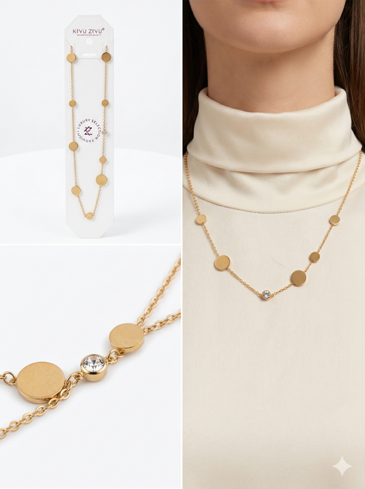 Polished Gold Disc Station Necklace with Crystal Accent