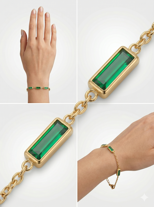 Emerald Green Baguette Crystal Station Bracelet in 18K Gold Finish