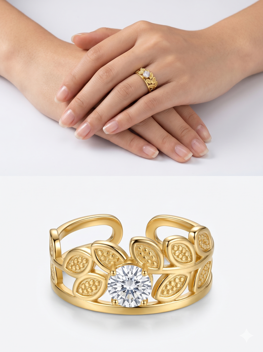 Anti-Tarnish Laurel Leaf Solitaire Adjustable Ring